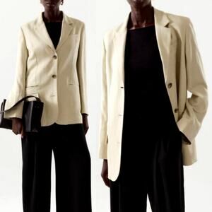 COS Light Beige Linen Blend Relaxed-Fit Blazer Size 10